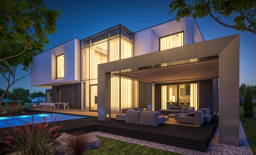 3d rendering of modern cozy house in the garden with garage for sale or rent with beautiful pool in the yard. Clear summer night with stars on the sky. Cozy warm light from window.